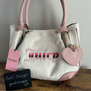 New Juicy Couture Retro Vibe Satchel Tote White Dusty Pink Bag Velour Viral